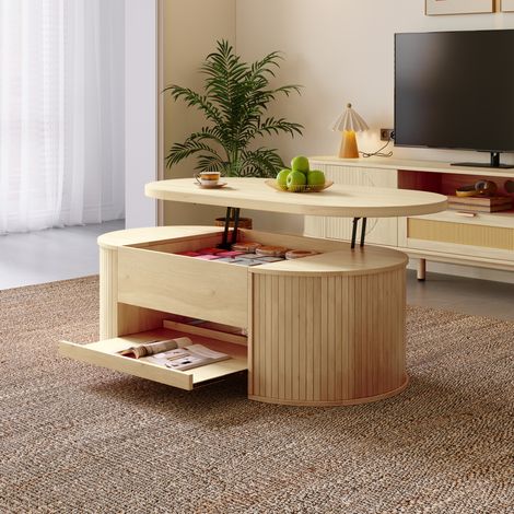 Tavolino da caffè elevabile 110x55.5x40 cm, piano sollevabile, vano contenitore, ripiano estraibile, MDF colore naturale (1/5)