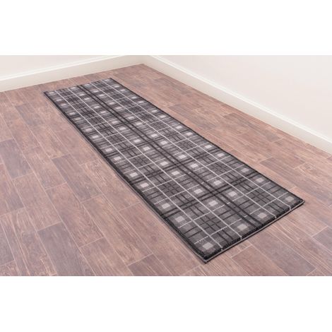 Tartan Highland Check Pattern Hallway Grey Rug 80 x 300 cm (2'6''x10') Long Runner (1/4)