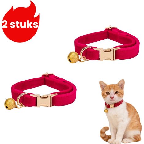 Collier à clochette en Velours pour chat (2 pièces) - Collier pour chats - Convient aux chiots et chatons de 3 kg à 7,5 kg - Rouge vif (1/5)