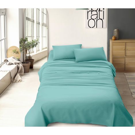 Completo letto misura alla francese a tinta unita prodotto italiano set lenzuola 100% cotone Verdeacqua - Francese