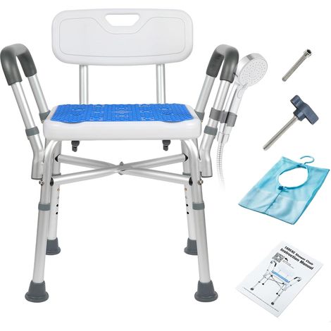 Sgabello da doccia per anziani, con braccioli e schienale, portata 280 kg, regolabile in 5 altezze, adatto ad anziani, donne incinte e persone con mobilità ridotta. (1/5)
