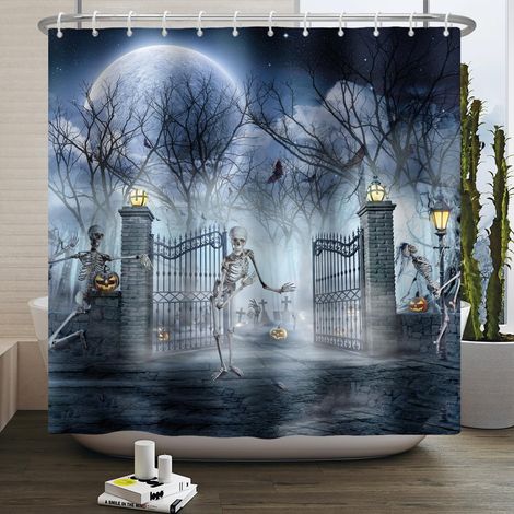 CCYKXA 2-teiliger 120 x 180 cm Gothic-Halloween-Duschvorhang – Lustiger Totenkopf, gruseliger Geist, Schloss im Wald unter dem Mond – Badezimmerdekor aus Polyester mit Haken