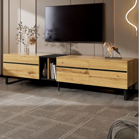 REDOM - Meuble TV 180x38x45cm panneau de particules avec compartiment abattant couleur bois (1/5)