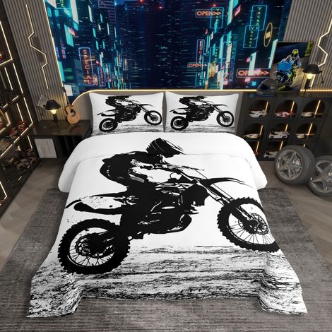 Parure de lit 2 pièces avec housse de couette 135 x 200 cm Motif motocross Pour adolescents, garçons, filles, adolescents, adultes Décoration moderne de chambre à coucher (1/5)
