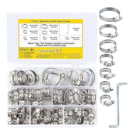 Collier de Serrage Réglables, Tuyau Clips, Colliers de Serrage en Acier Inoxydable, Pinces de Tuyau pour Tube A'automobiles, Piscine, 71 Pièces/8-38 mm (1/5)