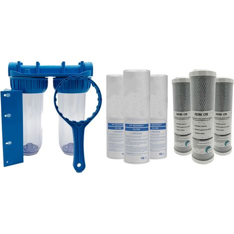 Pack de filtration d'eau double porte filtre plus 3 filtres anti sédiment 10 microns et 3 filtres à charbon 5 microns