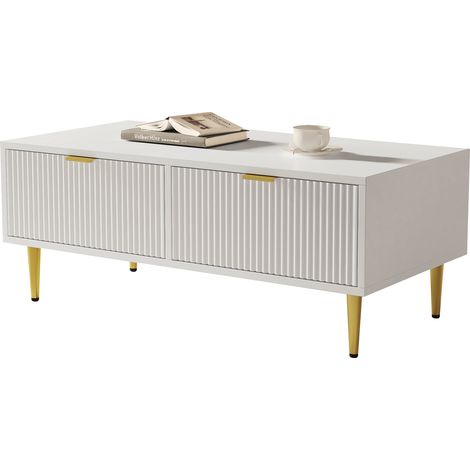 Mesa de Centro Rectangular Moderna con 2 Cajones y Patas de Metal Doradas, para Salón, MDF, Blanco y Dorado 100×50×40 cm (1/5)