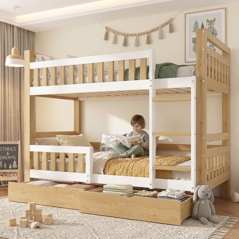 Lit cabane 2x90x190/180x190 cm avec barrières, lit enfant bas avec éclairage LED, design minimaliste, sans matelas, structure en bois de pin, blanc (1/5)