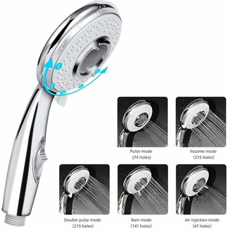 Pommeau Douche + 2 M Tuyau de Douche Flexible, Pommeau de Douche avec Tuyau, 5 Modes Economiseur d'eau et bouton de l'interrupteur, Haute Pression Douchette Pommeau Acier Inoxydable (1/4)
