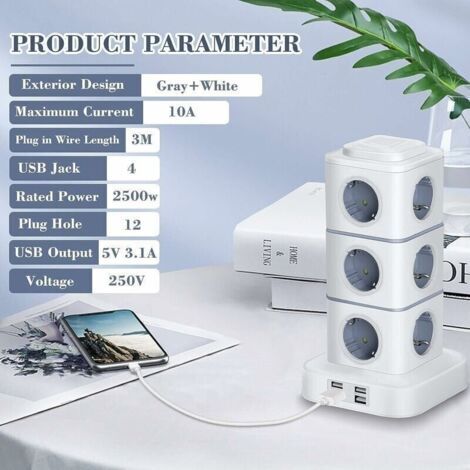 NALOOKAMIC  Multiprise 12 prises (2 500 W/10 A) avec 4 ports USB, multiprise verticale avec parasurtenseur pour la maison et le bureau, rallonge de 3 m