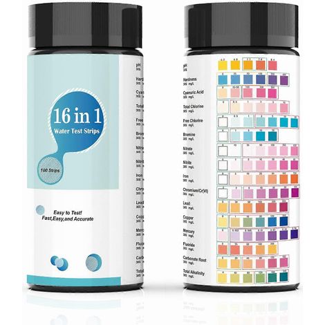 50 bandelettes de test d'eau potable 16 en 1 améliorées, pour tester la qualité de l'eau de puits et de l'eau du robinet. (1/4)
