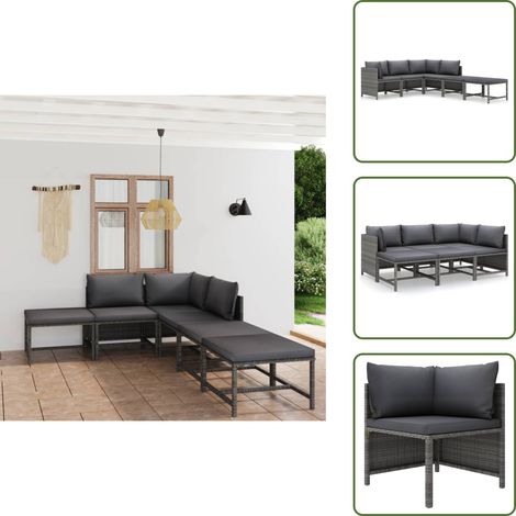 The Living Store Set Divani da Giardino 6 pz con Cuscini in Polyrattan Grigio - Divano in rattan