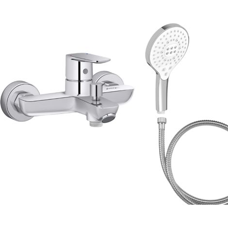 Mitigeur baignoire JACOB DELAFON July+ + pommeau de douche Metro signature + flexible de douche métal (1/5)
