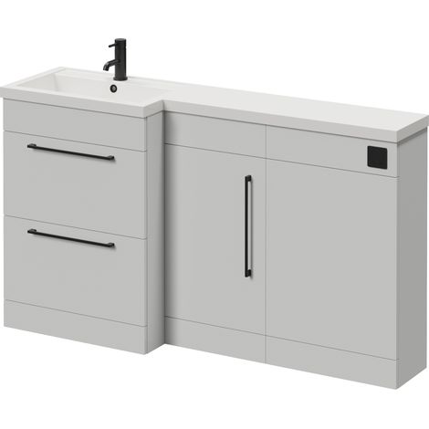 Napoli 390 Gloss Grey Pearl 1500mm 2 Drawer Vanity Unit Toilet Suite with Left Hand Square Lucia Basin - 1500mm - Matt Black 320mm HandleWithout Kingston Toilet Pan