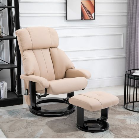 Sillón de masaje reclinable (82x65x57 cm), con reposapiés, respaldo ajustable, piel aglomerada, blanco crema (1/5)