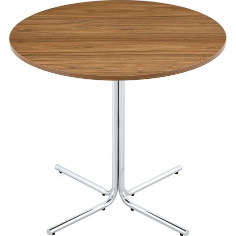 Tavolino rotondo moderno in MDF effetto noce con struttura metallica cromata a 3 gambe (1/5)