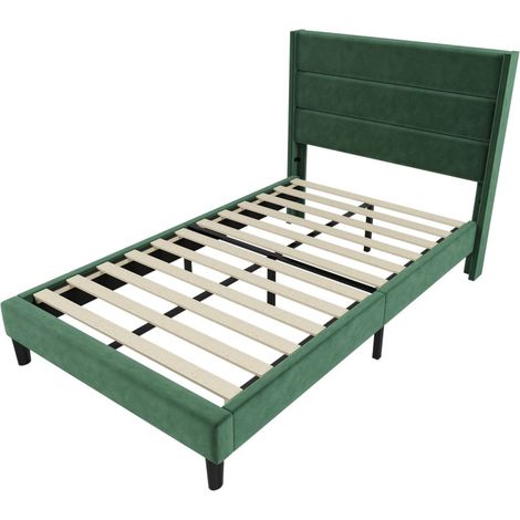 Cadre de lit adulte double, lit capitonné 90 x 200 cm, velours vert foncé, design moderne (1/5)