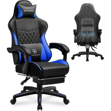 Chaise Gaming, Chaise Gamer, Chaise de Bureau Ergonomique Réglable en Hauteur, Utilisable en Hiver et en Été, avec Dossier Double, Repose-Pieds, Housse Amovible et Support Lombaire Bleu (1/4)