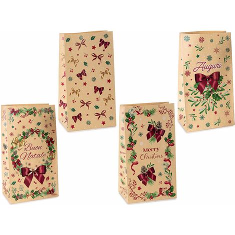 Sacchetti in carta kraft con stampa natalizia, set da 40 pezzi, cm 15 x 10 x 28 H