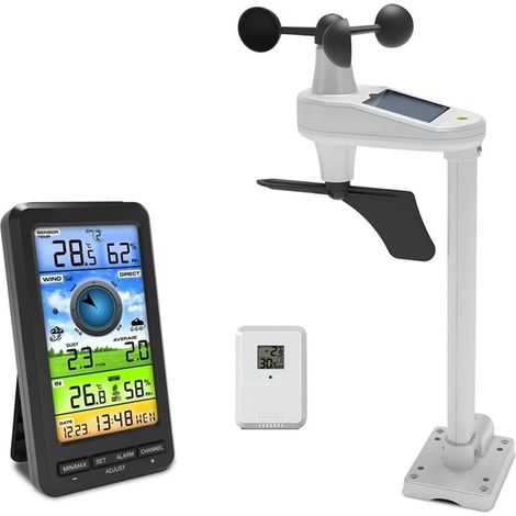 Station météo WiFi Anémomètre Thermomètre Intelligent Hygromètre Fonctionne à l'énergie Solaire Moniteur de Vitesse du Vent et de Direction des rafales Réveil pour la Maison, Le Jardin et la (1/5)