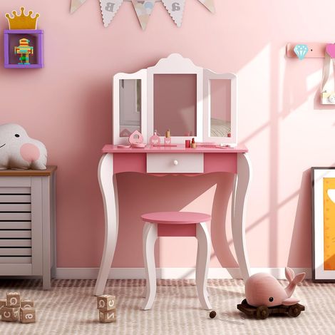 COSTWAY Tocador de Maquillaje para Niña, Juego de Mesa de Tocador y Taburete para Niños, Mesa de Maquillaje Infantil con Espejo de 3 Paneles y Cajón, Dispositivo Antivuelco para Niños 3+ Años