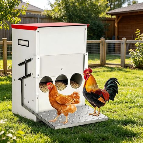 Mangeoire Métallique pour Poulets à Pédale, 15kg Distributeur Graines pour Plusieurs Poules et Canards, Mangeoire Automatique, Solide (1/5)