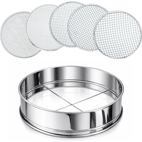 Tamis de jardin pour terre et pierre Cadre en acier inoxydable avec 5 inserts interchangeables en maille fine (3 mm, 5 mm, 8 mm, 10 mm, 12 mm) Tamis (1/5)