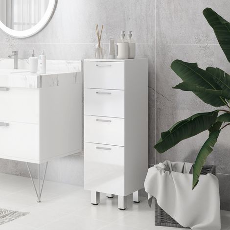 Mobiletto Bagno in Truciolato con 4 Cassetti e Base Rialzata, 30x30x93 cm, Bianco