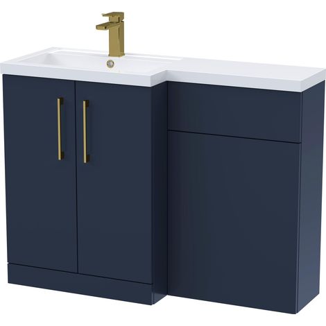 Balterley Left-Hand Bathroom Vanity and WC Unit Combination with Basin - 1100mm - Satin Dark Blue with Brushed Brass Handles (1/5)