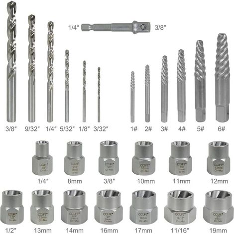 26-teiliges Set Diebstahlsichere Bolzenausdreher, Ausdreher für beschädigte Muttern, Chrom-Molybdän-Material, 8–19 mm