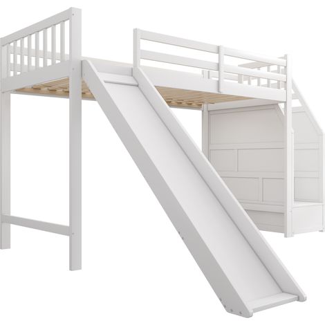 Letto a soppalco per bambini 90 x 200 cm con scivolo e scala contenitore bianco MODENUIT (1/5)