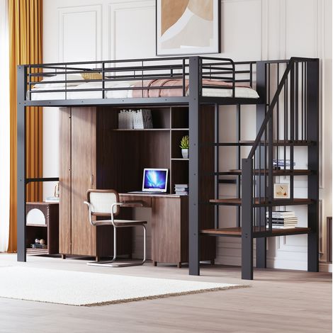 Lit mezzanine 90/200 cm noir en métal et bois avec escalier et rangement sous le lit (1/5)
