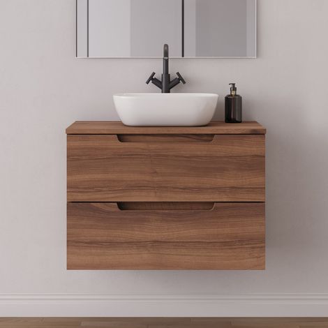 Meuble de salle de bain 80cm avec plateau et vasque à poser arrondie - 2 tiroirs - sans miroir - noyer (bois foncé) - SONRIZA (1/5)