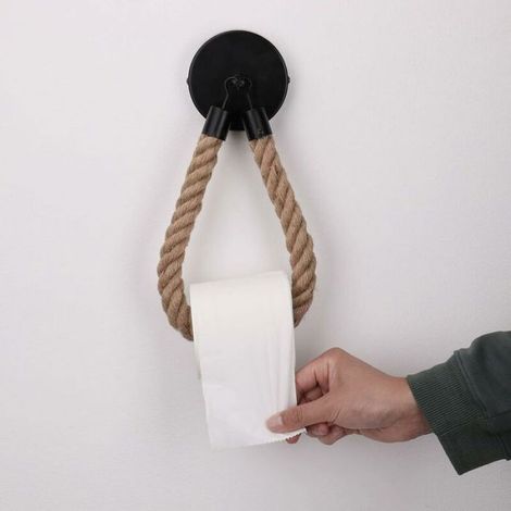 Porte Papier Toilette - Style Industriel Jute Naturel - Salle de bain - Noir Mat (1/5)