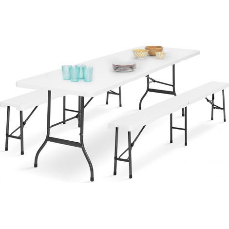 Table pliante d'appoint portable et 2 bancs pliables IDMARKET - 180 CM - Gris - Pour camping ou réception