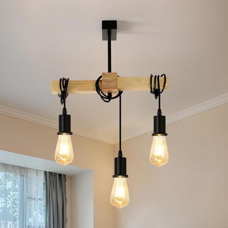 Suspension Luminaire Industrielle en Bois et Noir E27 3 Lampe (1/5)