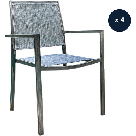 Lot de 4 Fauteuils de jardin en aluminium et textilène empilable aspect teck gris SANTORIN - Jardiline (1/4)