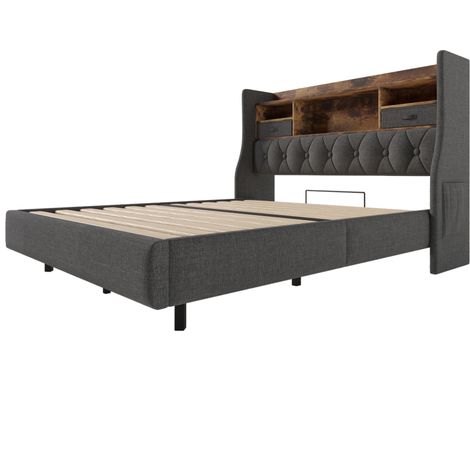 Cama doble 140 x 200 cm con LED, cabecero con almacenaje y puertos USB Type-C, gris (1/5)