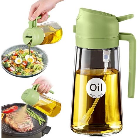 Dispensador de aceite de oliva de vidrio 2 en 1，capacidad 470 ml，cabezal pulverizador de alta calidad，freidora de aire y barbacoa (Verde) (1/5)