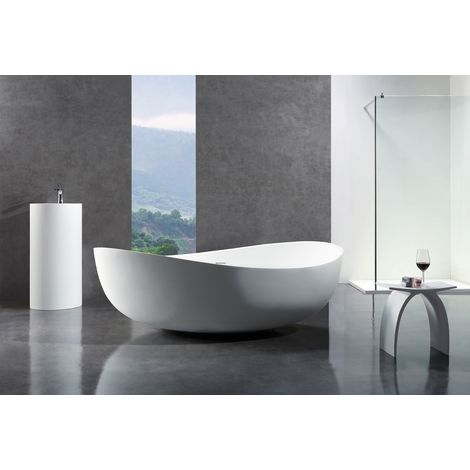 BERNSTEIN - Grande Baignoire îlot moderne en acrylique pour salle de bain, isolation thermique - Blanc - 180x110x62cm - WAVE - Options au choix Sans robinet mitigeur, Avec siphon, Blanc mat
