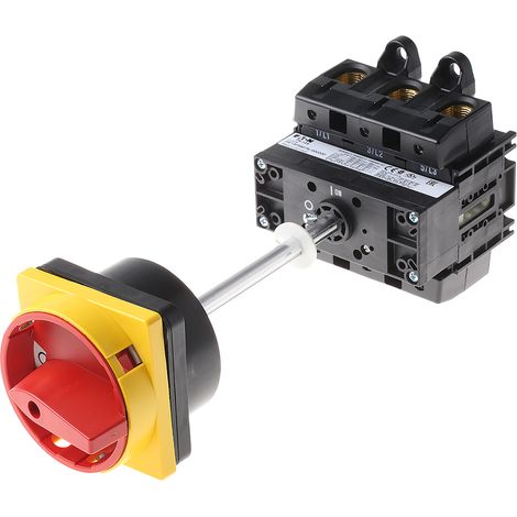 Eaton Interrupteur principal, P5, 125 A, montage intermédiaire, 3 pôles, fonction ARRÊT D'URGENCE, avec poignée rotative rouge et collerette de blocage jaune, verrouillable en position 0, 280914