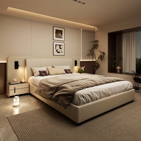 4ft6 Double Upholstered Bed with USB Charging Port & LED Lighting,Modern Bedframe with Soft Padded Headboard,Beige (1/5)