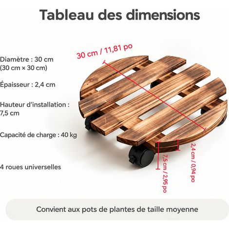 Support roulant pour pot de fleurs en bois massif, 1 rond 30 cm avec roues en plastique, 31 × 31 × 5 cm, 540 g – Livraison gratuite