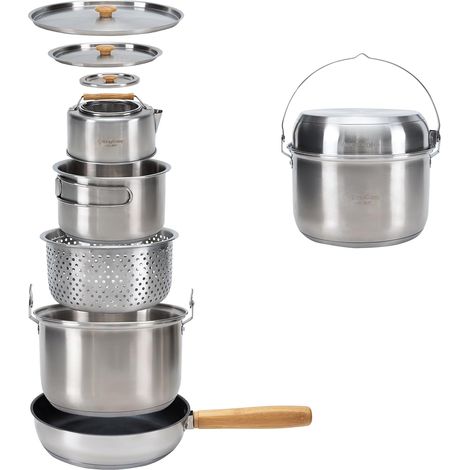 Batterie de cuisine de camping en acier inoxydable Pots de camping Poêle de camping pour réchaud de camping (1/5)