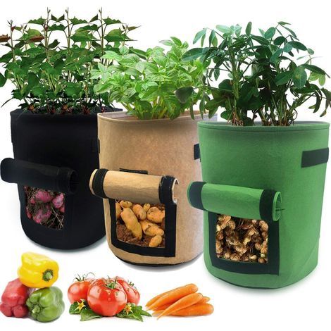 Lot 3 sacs culture 38 L (10 gallons) – Rabat et poignées – Pommes terre, tomates – Tissu non tissé respirant – Facile récolte