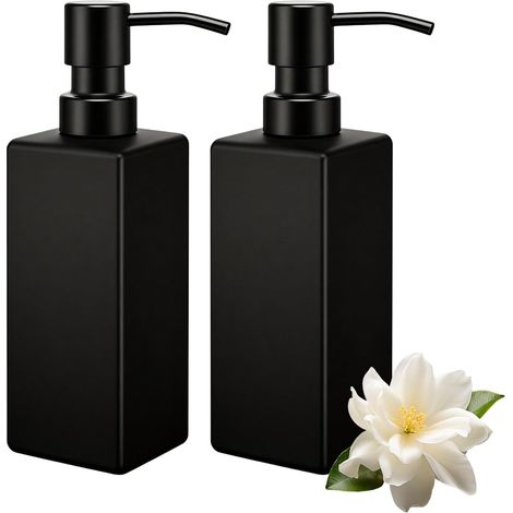 Lot de 2 distributeurs de savon en verre noir en céramique : distributeur de savon de 350 ml, design moderne, distributeur de savon de cuisine, pompe en acier inoxydable, distributeur de savon (1/5)