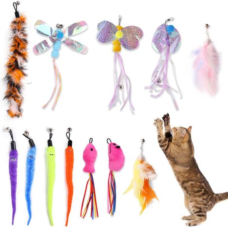 Jouet à Plumes pour Chats, 12 Pièces Plumes de Rechange pour Canne, Multicolore Interactif Pendentifs Souris Jouets Remplacement avec Clochettes pour Chaton Chat (1/5)