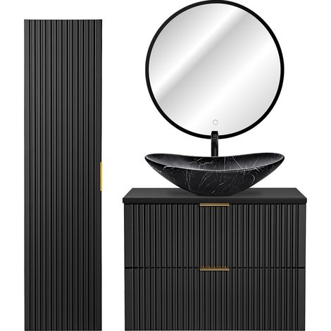 Badmöbel Set mit 81cm Waschtisch, Hochschrank, LED-Spiegel und Keramik-Waschbecken, schwarz matt gerillte Front, ADELAIDE-56-BLACK, B/H/T ca. 130/200/46,5 cm (1/5)