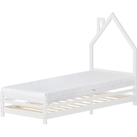 ML-Design Letto per Bambini 90x200 cm in Legno di Pino Bianco con Testiera a Forma di Casetta, Materasso 16 cm e Rete a Doghe, Letto Singolo Basso Montessori, Struttura Lettino per Bambini