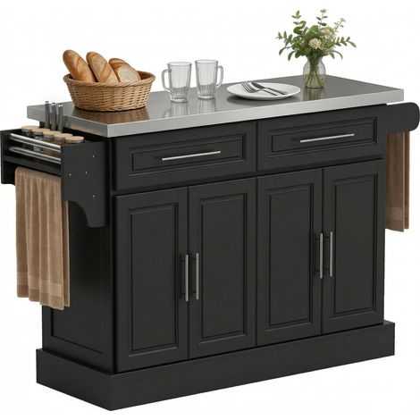 Isla de cocina con ruedas, encimera de acero inoxidable, cajones, estantes ajustables, especiero, toallero, 145 x 45 x 93 cm, negra. (1/5)